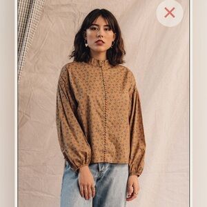 Just Female | Tan Merle Shirt with Blue Floral Khaki Floral Button Down